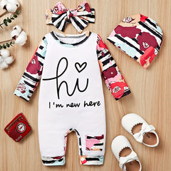 3pcs Baby Girls I m Here Romper & Headband & Cap