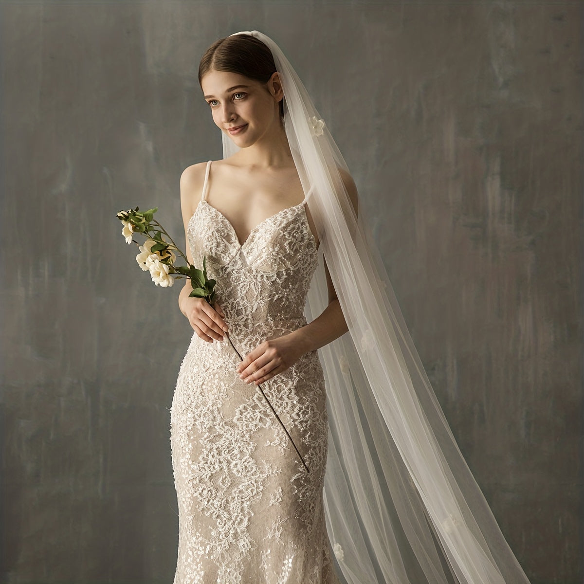 Cathedral Style Bridal Veil with Comb Inlaid Flower