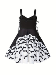 Halloween Goth Dress Women's Plus Bat Print Lace Up V Neck A line Tank