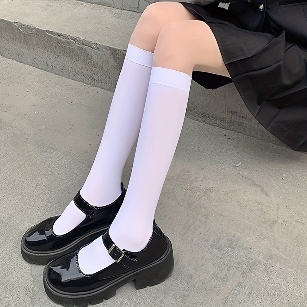 Solid Calf Socks College Style Knee High Stockings Women's Hosiery