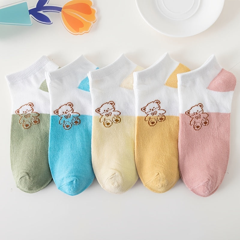 5 Pairs Cartoon Bear Print Socks & Lightweight Low Cut Ankle Socks