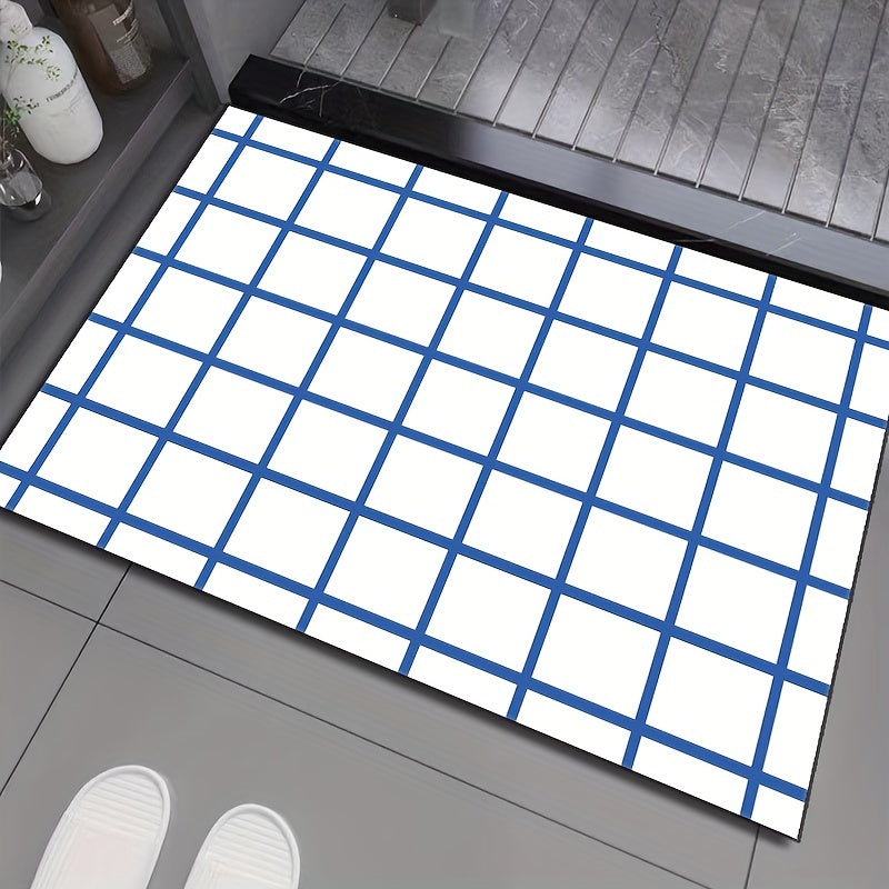 Plaid Pattern Bath Rug Soft Absorbent Non-slip Bath Mat Diatom Mud Material
