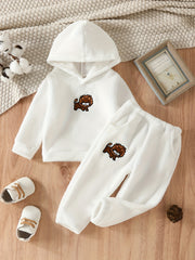 Kids 2pcs Fleece Pajamas Hooded Top & Pants Set Lion Embroidery Loungewear
