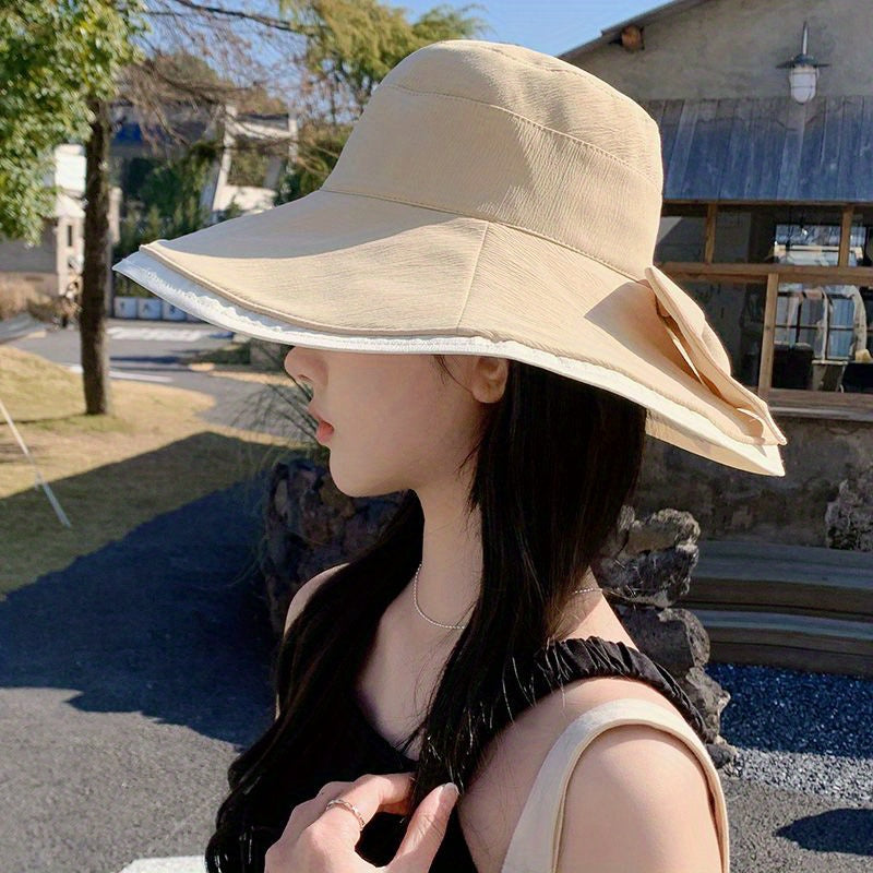 Wide Brim Bowknot Decor Sun Hat, UV Protection Bucket Hat for Women