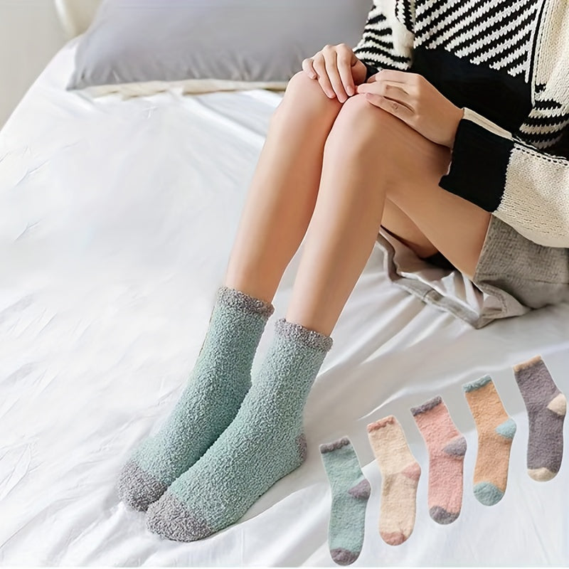 5 Pairs Colorblock Coral Fleece Socks Women's Stockings
