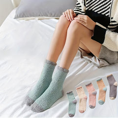 5 Pairs Colorblock Coral Fleece Socks Women's Stockings