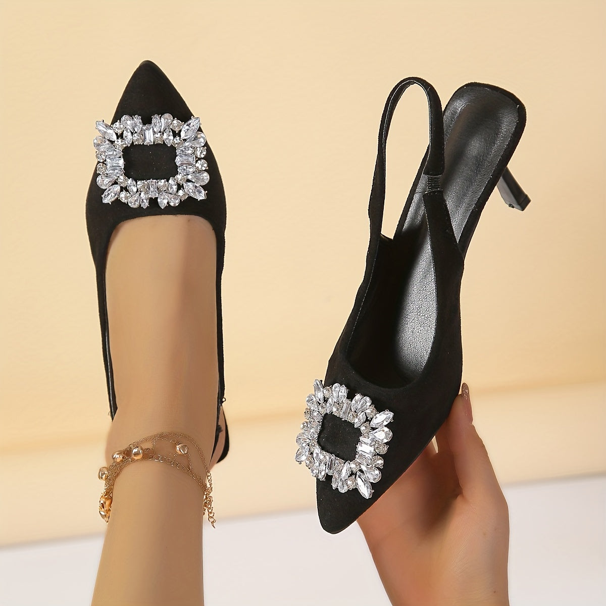 Women's Rhinestone Buckle Point Toe Slingback Cone Heel Shoes