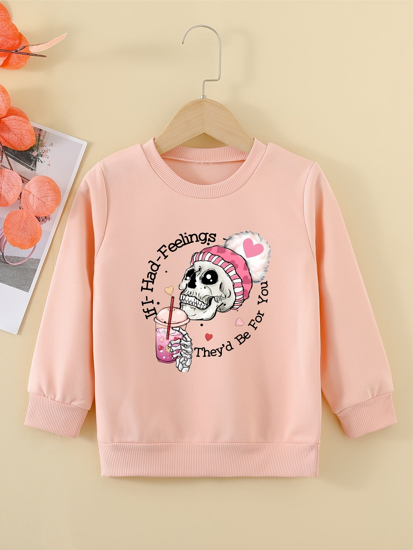 Skull Pom Hat Girls Sweatshirt Casual Fit Toddler Kids Tops Pullover