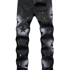 Y2k Star Pattern Spray Painted Slim Fit Jeans Men's Casual Street Style