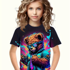 Rock Bear Graphic Short Sleeve T-shirt for Girls