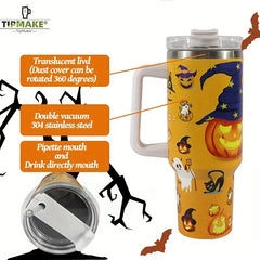 40oz Halloween Pattern Water Bottle Portable Creative Car Tumbler With Handle