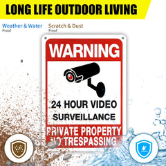 4pcs No Trespassing Signs Private Metal 24 Hour Video Surveillance Signs