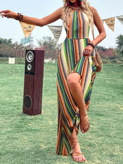 Striped Cut Out Cami Dress Ethnic Sleeveless Aline Maxi Length Dress