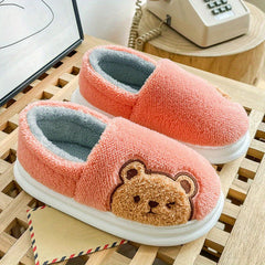 Cartoon Bear Print Slippers Round Toe Low Fluffy Warm Shoes