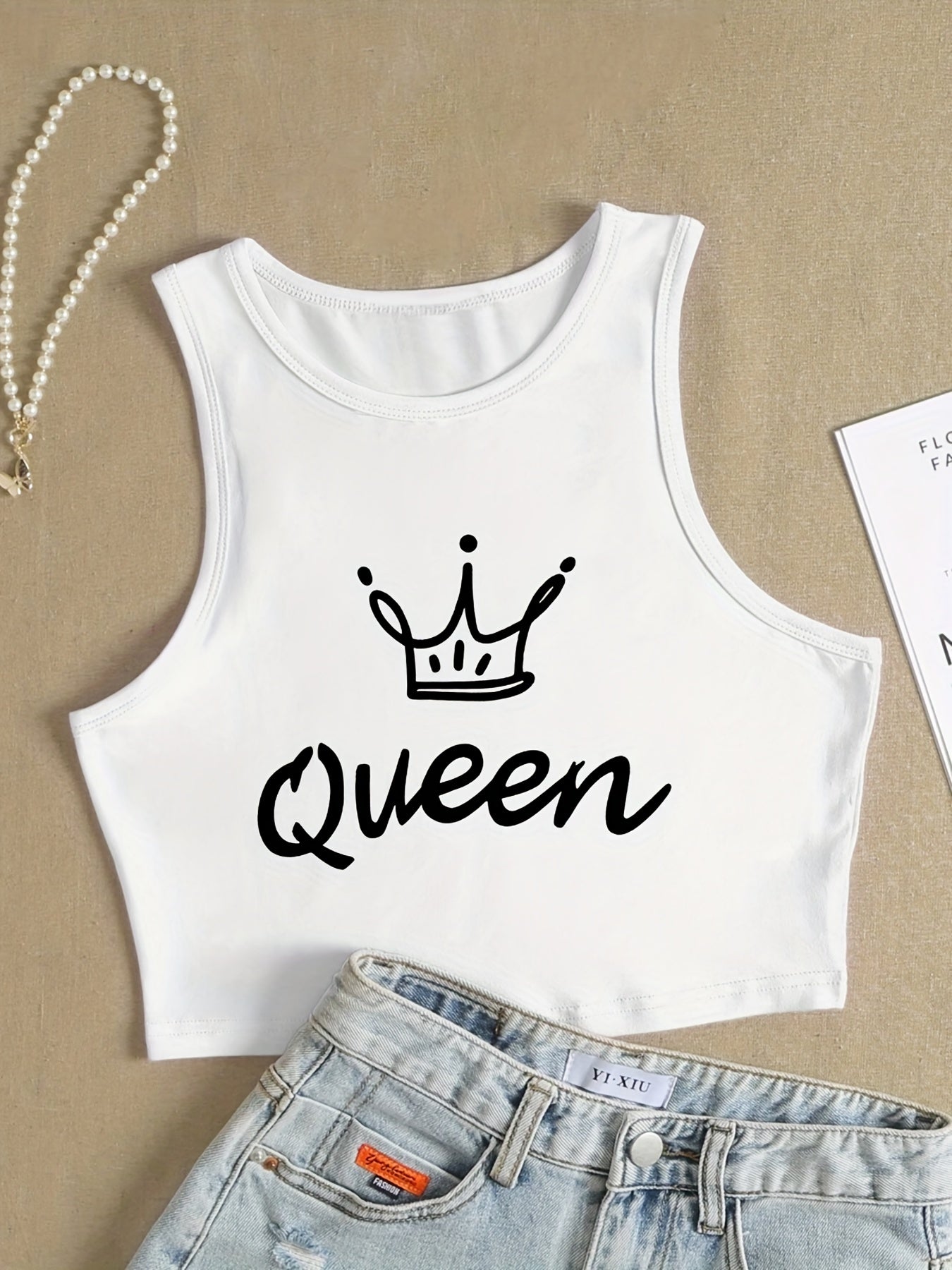 Queen Print Crop Tank Top Sleeveless Sexy Casual Top