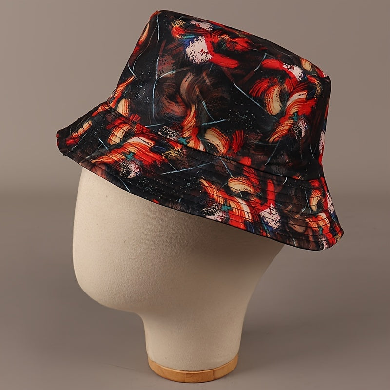 Red Reversible Bucket Hat Abstract Lines Fisherman Cap Vintage Lightweight