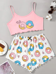 Food Print Cami Tops & Shorts Pajama Set For Women