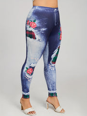 Denim & Plaid Print Skinny Leggings