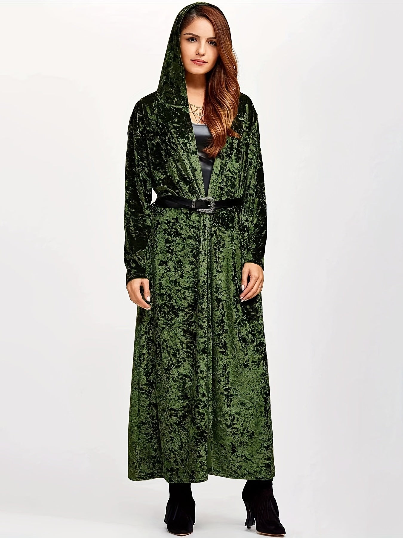 Solid Velvet Long Sleeve Open Front Hoodie
