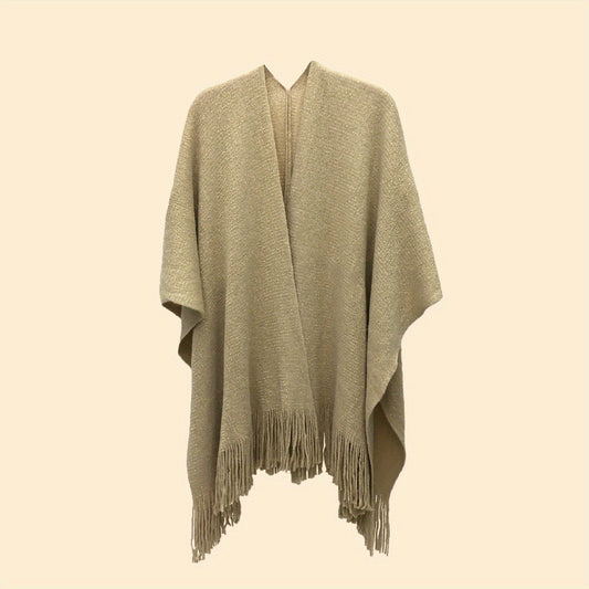 Light Tan Knit Shawl Tassel Sparkly Wraps Women's Windproof Warm Poncho Cape