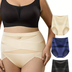 3 Pk Women's Plus Size Colorblock Print Panties Set Tummy Control