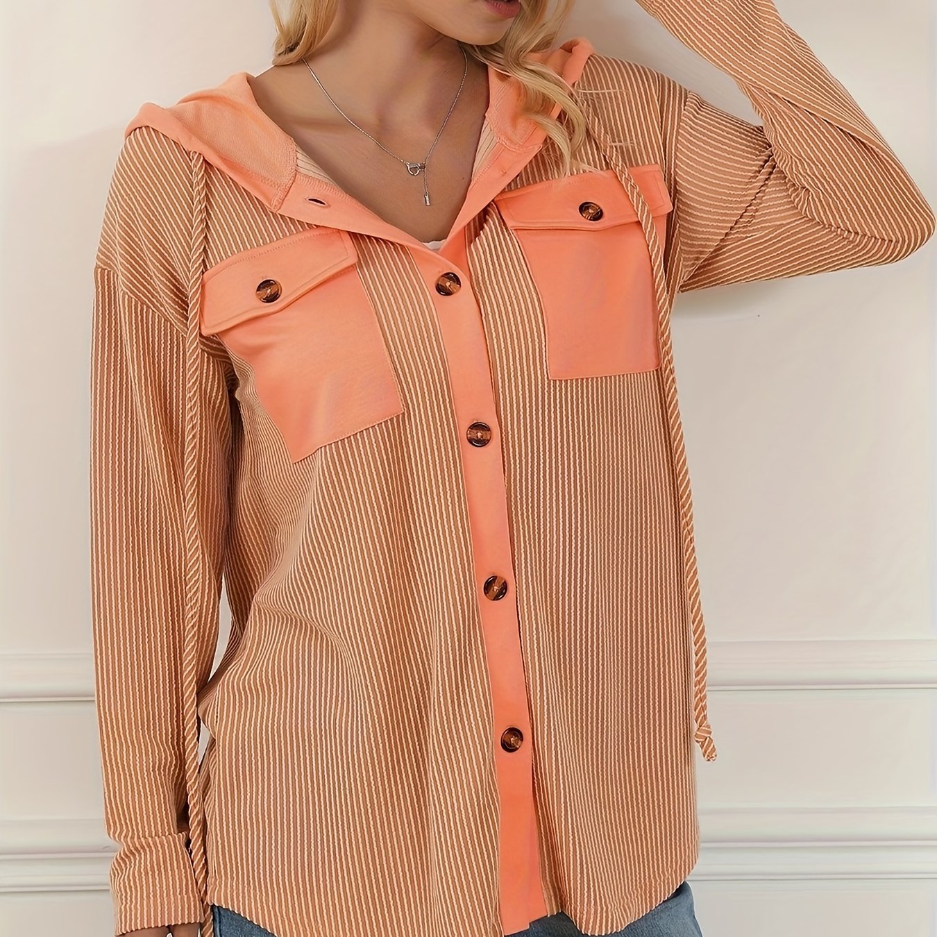 Striped Button Hooded Jacket With Rope Drawstring Decor