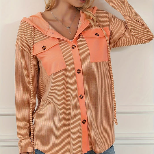 Striped Button Hooded Jacket With Rope Drawstring Decor