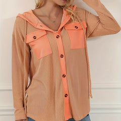 Striped Button Hooded Jacket With Rope Drawstring Decor