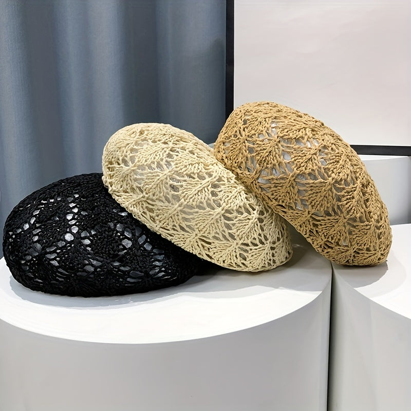 Crochet Hollow Beret Cap Breathable Straw Beanie Women Painter Hat