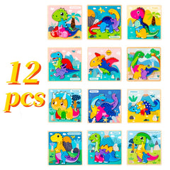 12pcs Dinosaur Puzzle Wooden Toy Cognitive Building Blocks