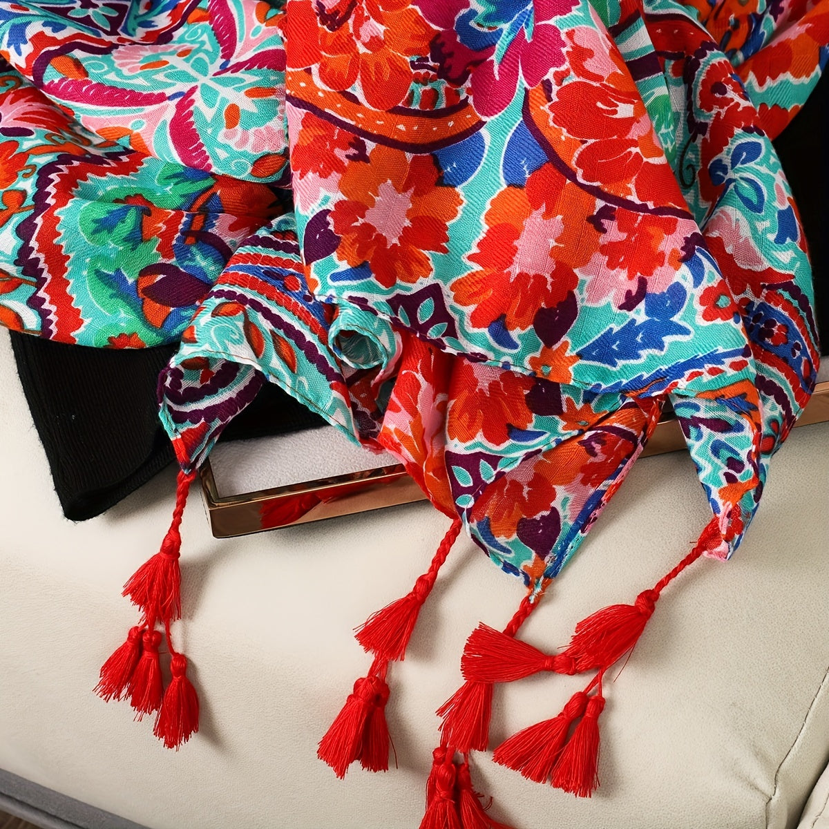Vintage Flower Print Scarf Bohemian Red Tassel Shawl