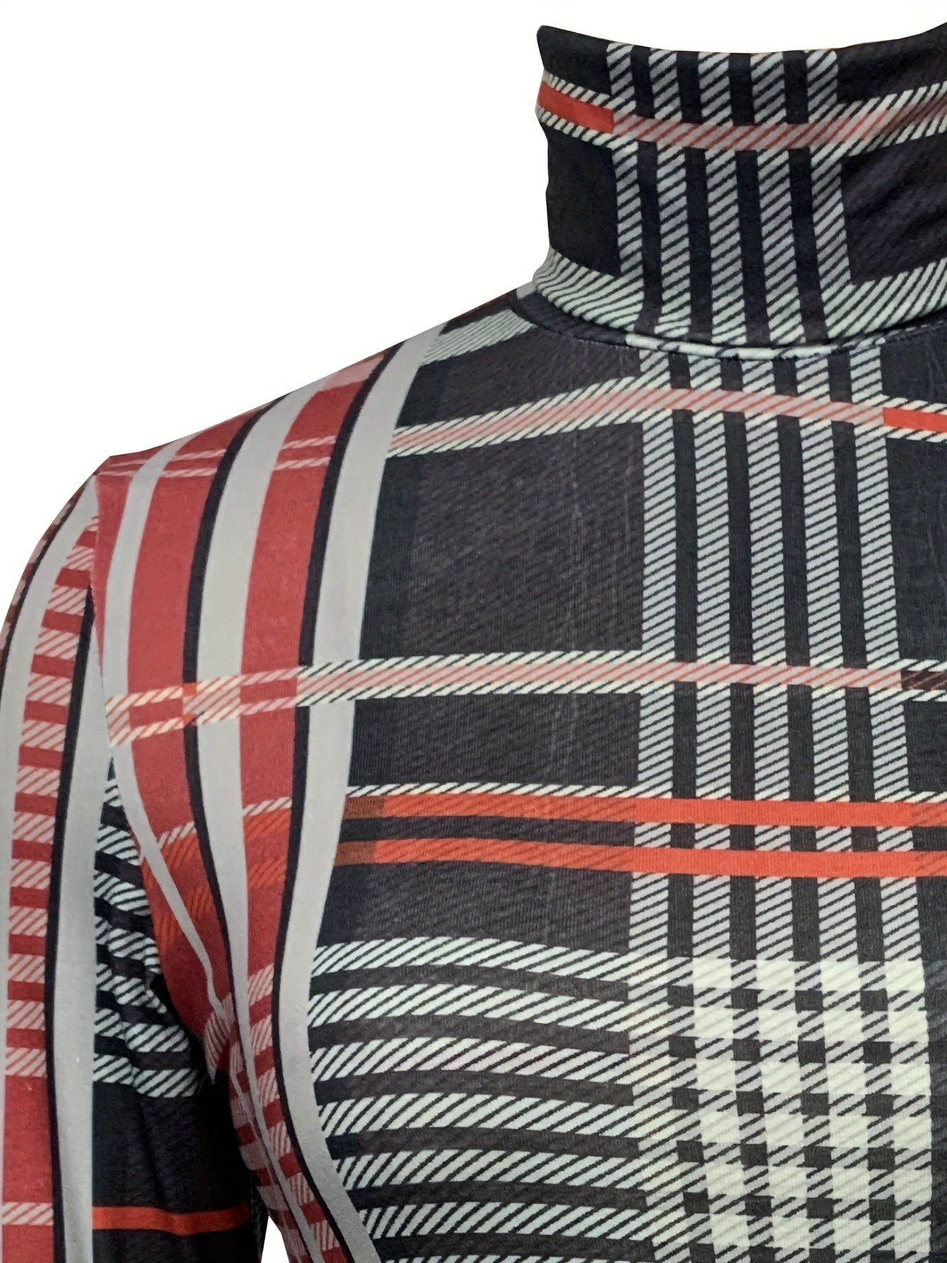 Plaid Turtleneck Slim T Shirt Casual Long Sleeve For Women