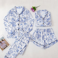 Floral Print Pajama Set Short Sleeve Top & Long Sleeve Buttons Top & Shorts