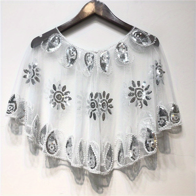 Sunflower Embroidery Shawl Sequin Decor Cape Women Glitter Scarf