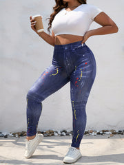 Denim & Painting Print Leggings - Stretchy Skinny Leggings