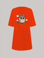 Owl Print Nightdress Short Sleeve Sleep Dress