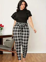 Plaid Print Stretch Leggings With Belt