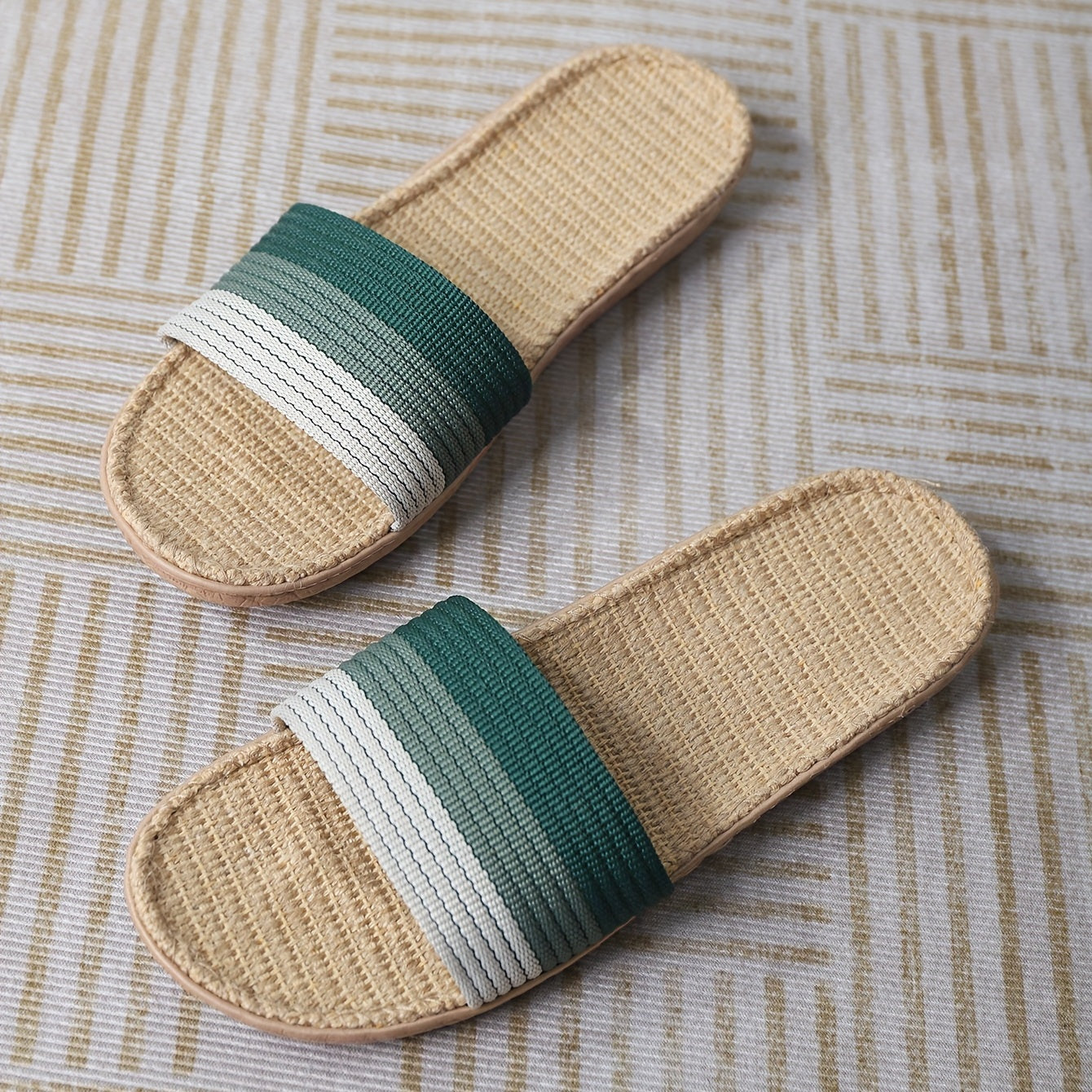 Colorblock Knit Sandals Slip On Open Toe Flat Linen Sole Non slip Slides