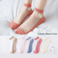5 Pairs Chrysanthemum Print Sheer Ankle Socks Women's Stockings & Hosiery
