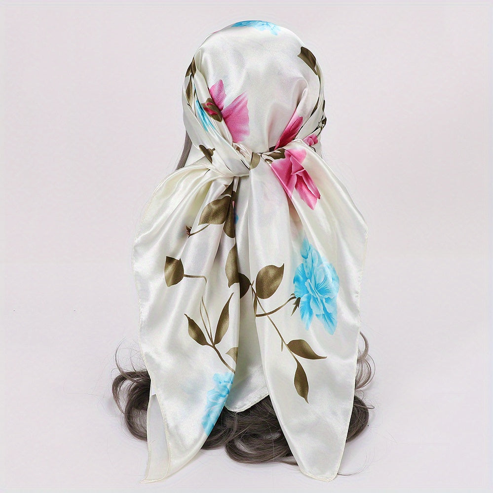 Rose Print Satin Bandana Large Square Scarf Silk Shawl Women Head Wrap