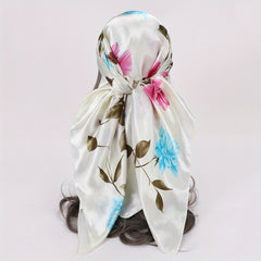 Rose Print Satin Bandana Large Square Scarf Silk Shawl Women Head Wrap