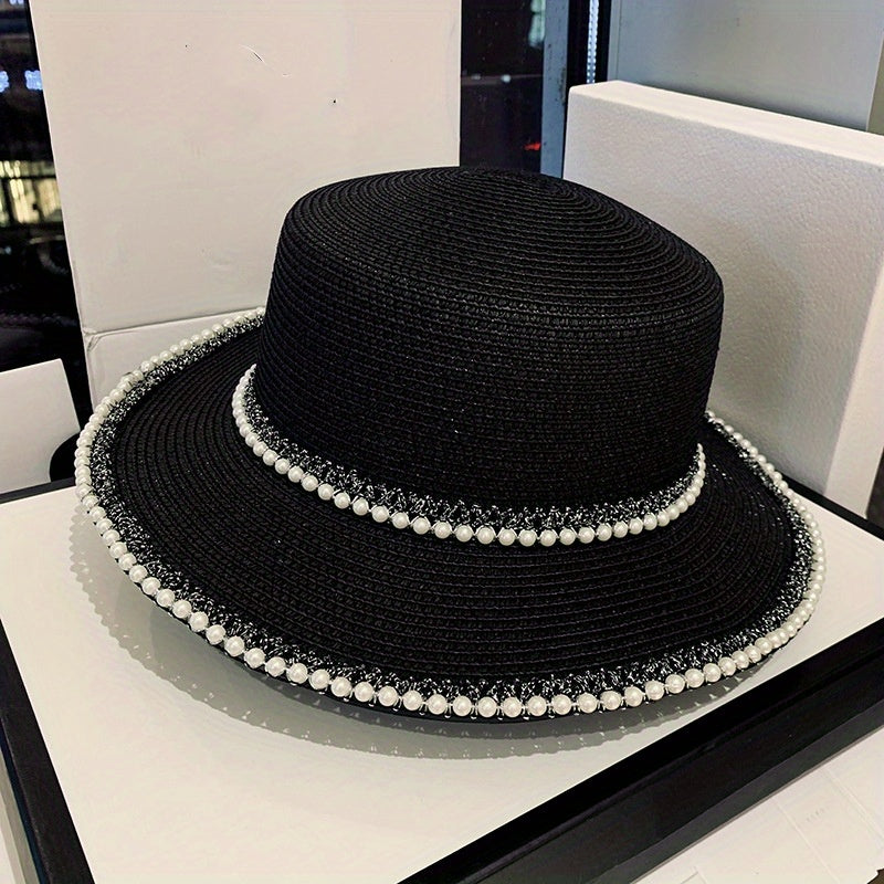 Faux Pearl Decor Sun Hat Flat Short Brim French Style Travel Beach Hat Women