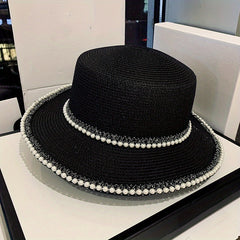Faux Pearl Decor Sun Hat Flat Short Brim French Style Travel Beach Hat Women