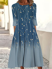 Floral & Ombre Print Half Sleeve Round Neck Dress With Pockets