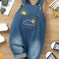 Baby Boys Casual Cloud And Sun Embroidered Denim Overalls Summer Baby Clothes