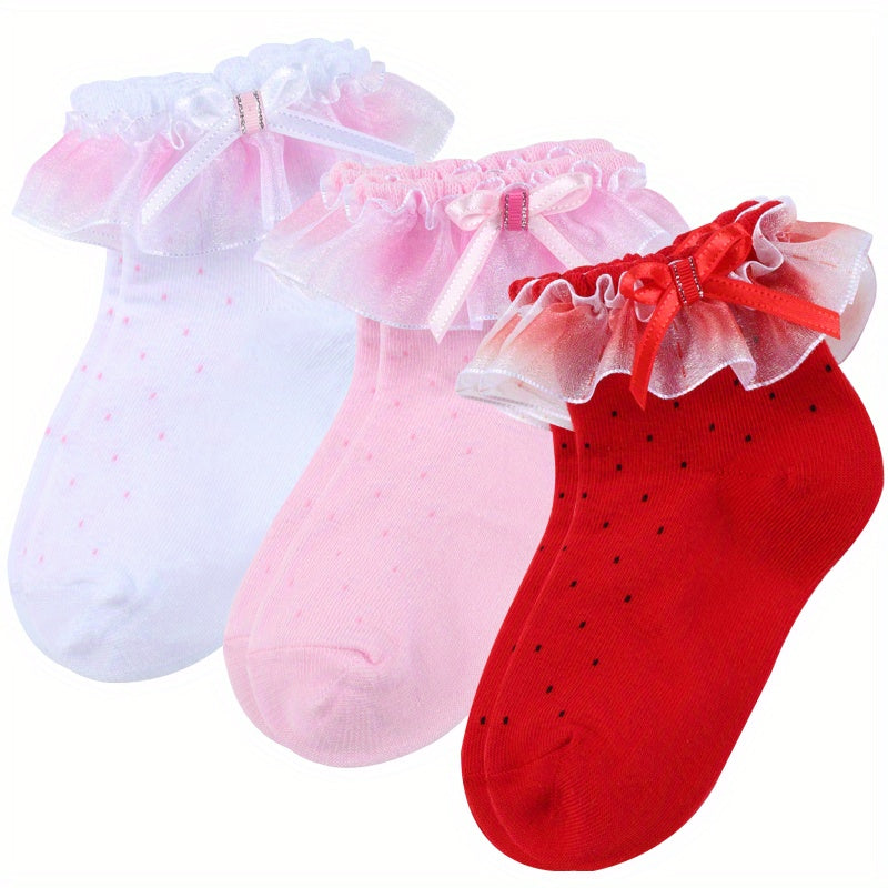 3 Pairs Girls Lace Ruffle Bow Socks for Autumn & Spring