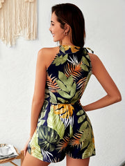 Tropical Print Sleeveless Romper Vacation Drawstring Summer Romper