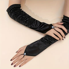 Satin Women'S Long Sleeve Cuffs with Rhinestone Accents - Retro No Finger