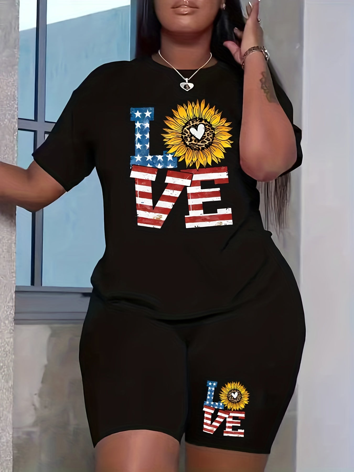 Women's Plus Flag Letter & Leopard Sunflower Print Top & Shorts Set