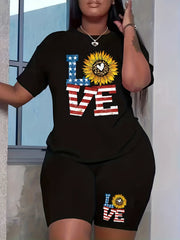Women's Plus Flag Letter & Leopard Sunflower Print Top & Shorts Set